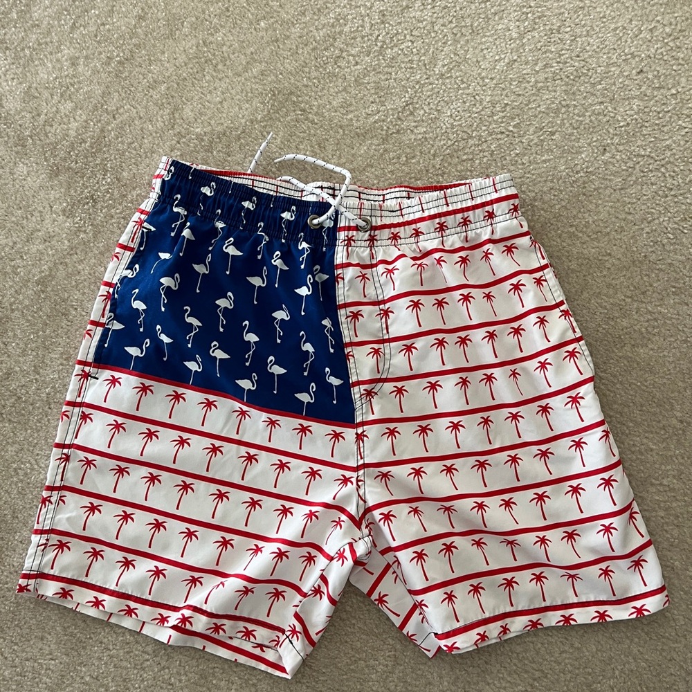 Men's Blue & White Flamingo and Palm Pattern Swim Trunks
